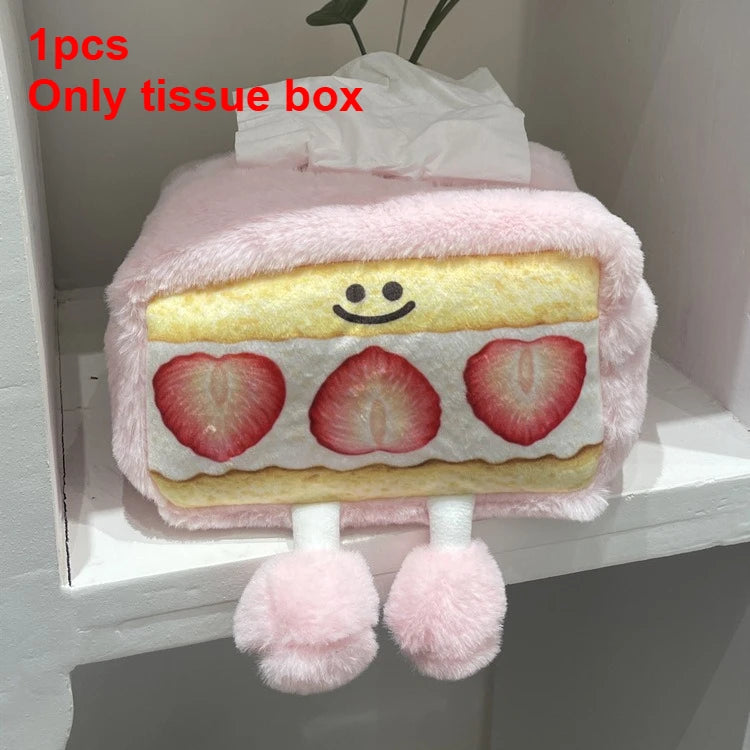 Cute Personalized Plush Tissue Box Cover | Creative Strawberry Kiwi Chocolate Cartoon Niche Desktop Storage Bag Luxegan