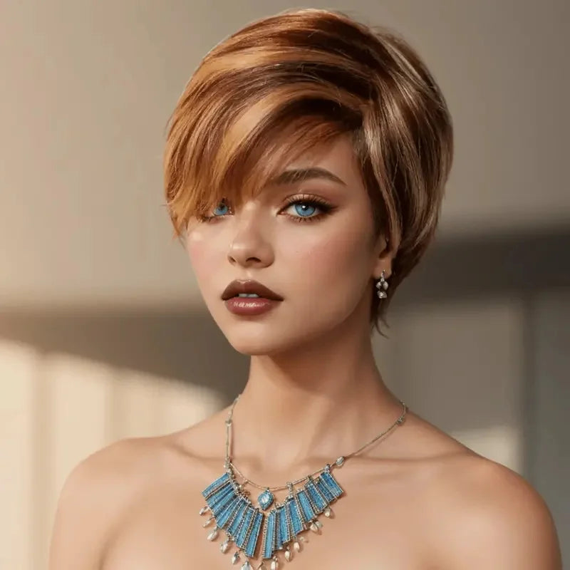 6 Inch Pixie Cut Human Hair Wig with Bangs | P4/27 Natural Highlight | Short Straight Remy Hair Luxegan