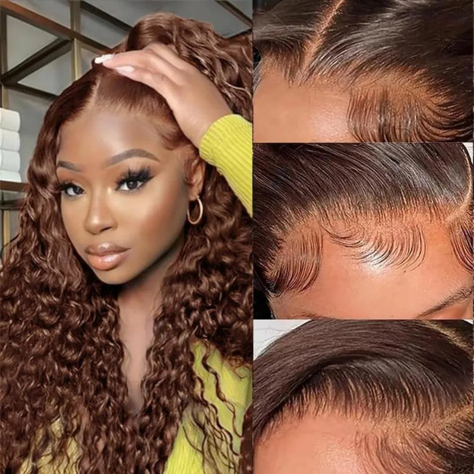 Chocolate Brown Deep Wave HD Lace Wig | Sophisticated 250 Density 13x6 & 13x4 Frontal | Elegant "100% Brazilian Remy" Silhouette | "Dignified" Pre-Plucked Curly Human Hair for Radiant Versatile Styling Luxegan