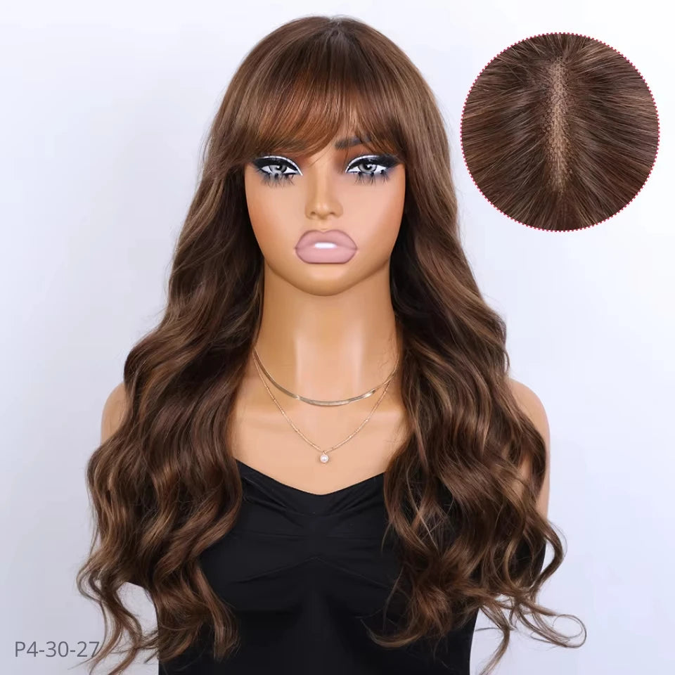 Natural Color 22" Body Wave Wig with Bangs | 180% Density Remy Human Hair Middle Part Lace Luxegan