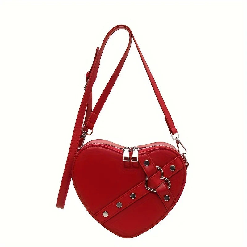 Love Heart Solid Color Zipper Crossbody Bag | Punk Rivet Style PU Leather Wallet Handbag for Women Luxegan