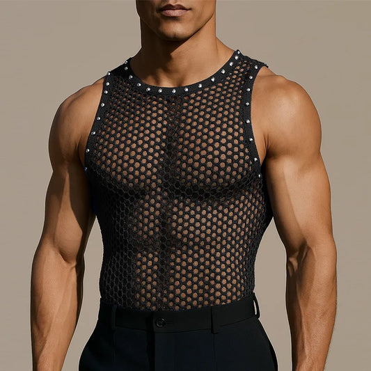 Men’s Solid Color Hollow-Out Mesh Tank Top | Sophisticated "See-Through" Streetwear Silhouette | Elegant Summer Sexy Fashion Vest | "Dignified" High-Performance Men's Clothing for Radiant Versatile Styling Luxegan