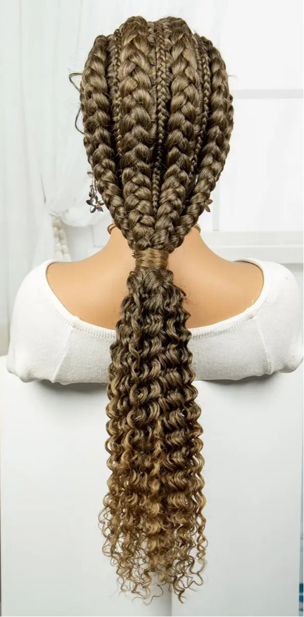 28" Burgundy Knotless Braids Wig with Curly Ends | Lace Front | Baby Hair Luxegan