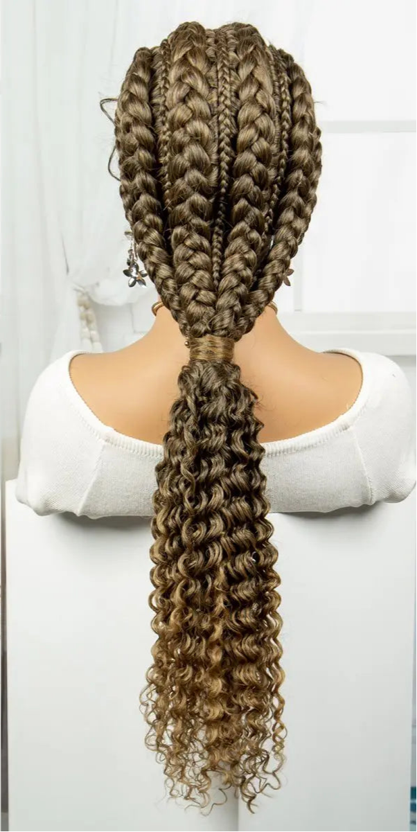 28" Blonde Knotless Cornrow Braids Wig with Curly Ends | Lace Frontal | Baby Hair Luxegan