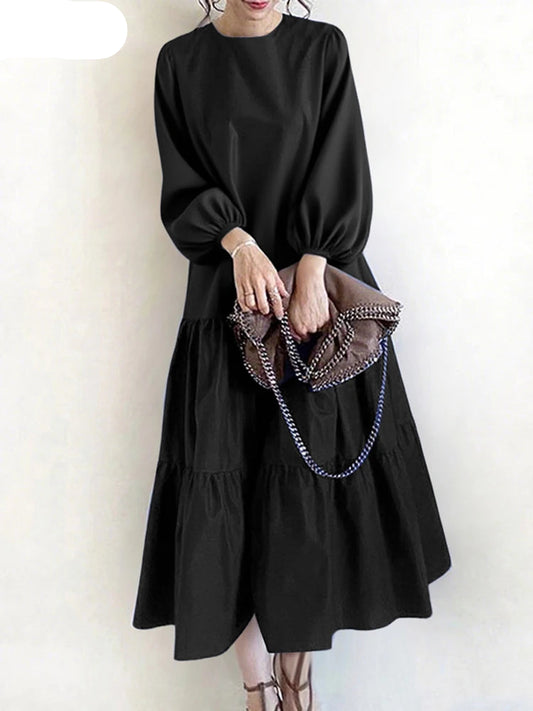 Solid O-Neck Lantern Sleeve Regular Fit A-Line Midi Dress – Natural Waist, Jersey, Autumn Luxegan