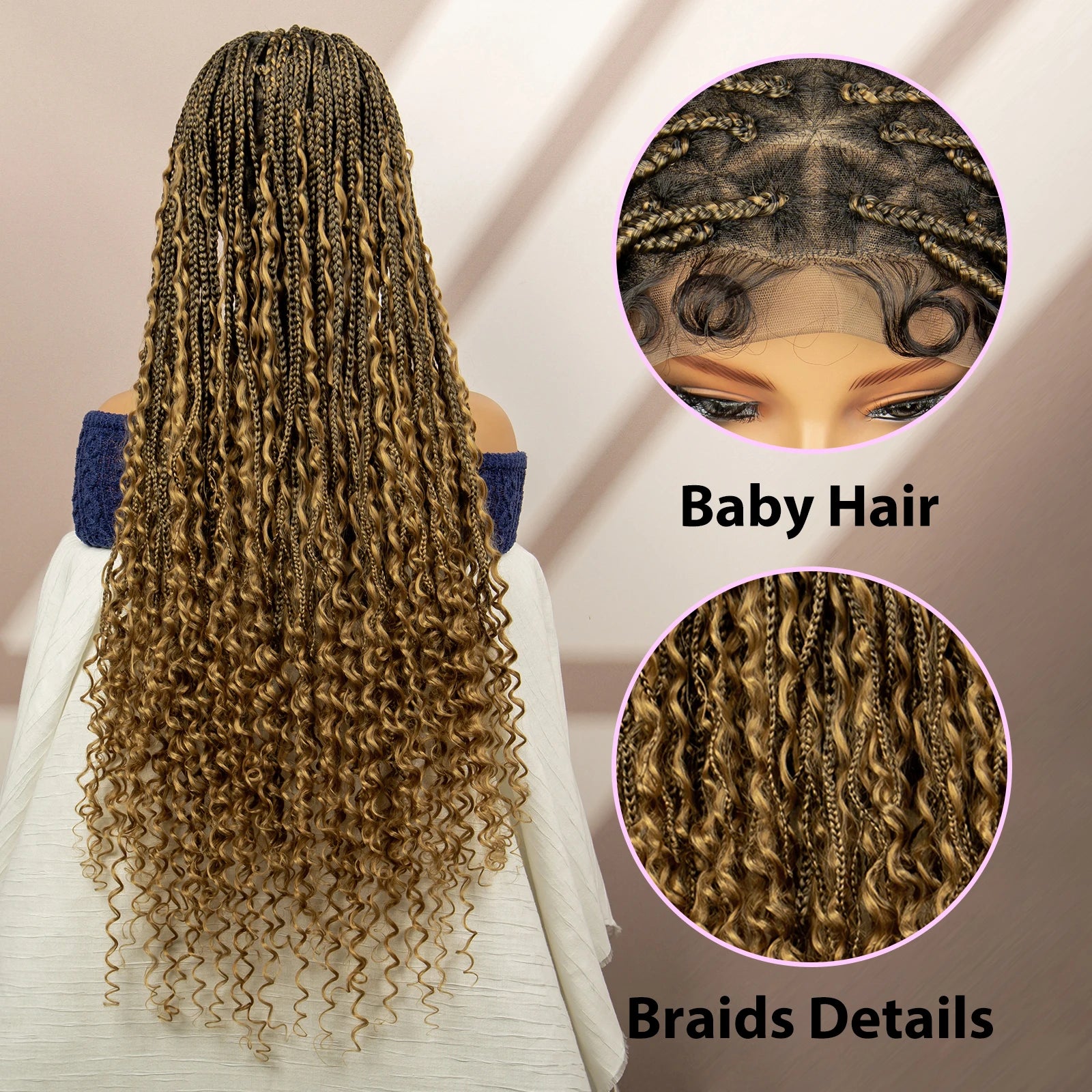 Boho Box Braided Wig with Curly Hair | Goddess Locs Accents | Full Lace Brown Braids Wig | Bohemian Box Braid Wig