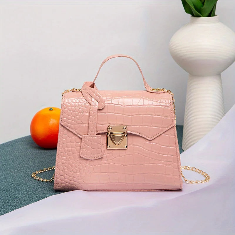 Soft PU Crocodile-Embossed Mini Satchel | Twist Lock Chain Detail Handbag Luxegan