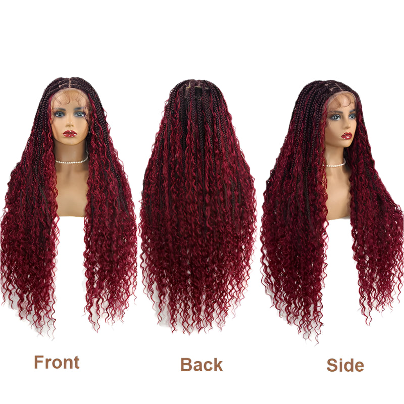 Burgundy Boho Box Braids Wig | Curly Goddess Locs | Full Lace Front | Synthetic Hair | Women