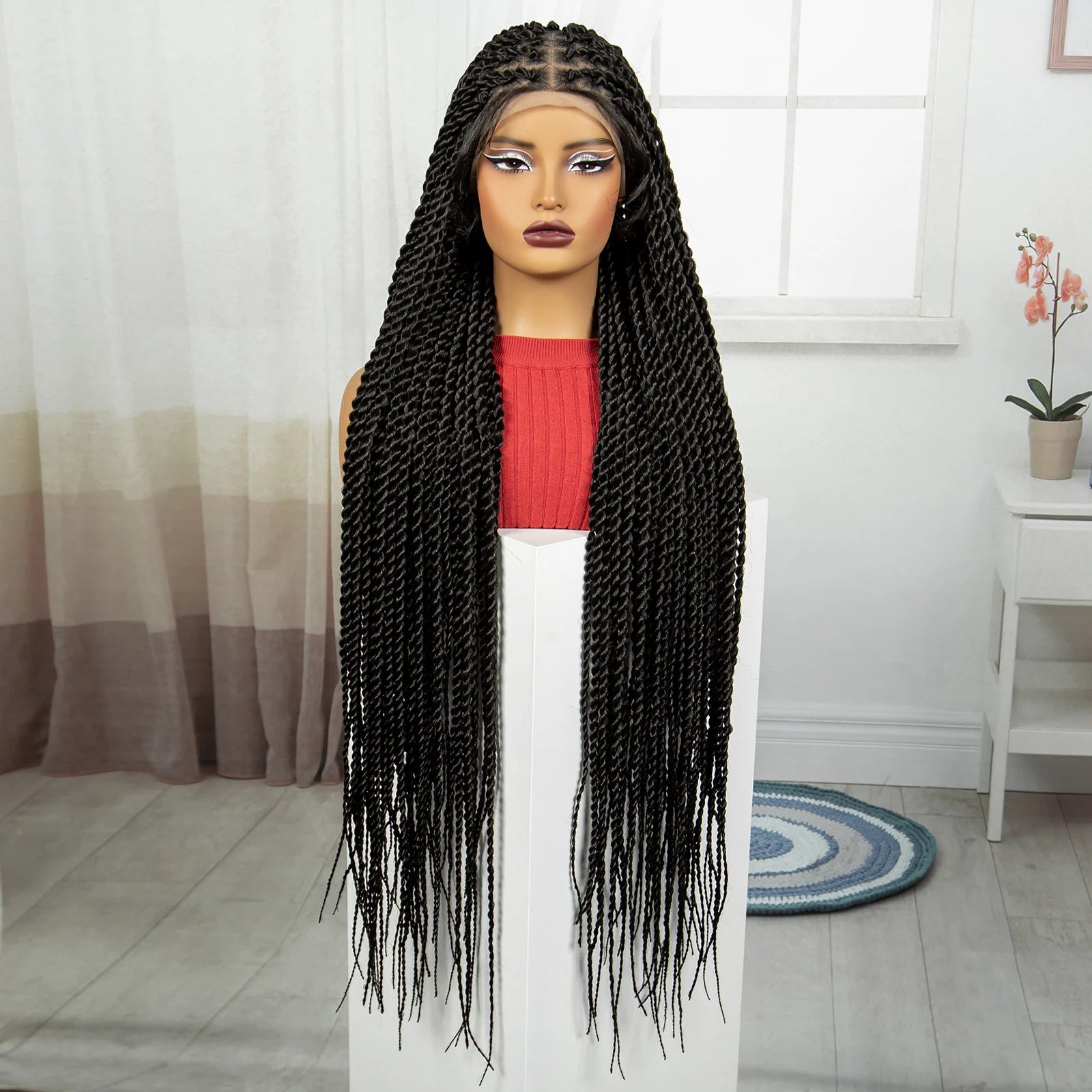 38" Long Twist Knotless Braids Wig | Transparent Full Lace | Baby Hair Luxegan
