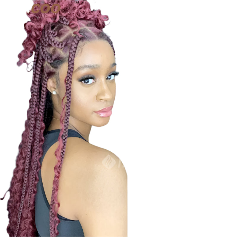 32" Box Braided Wig with Boho Curls - Knotless Braids, Cornrow Style, Lace Front Wig for Black Women (Natural Black)