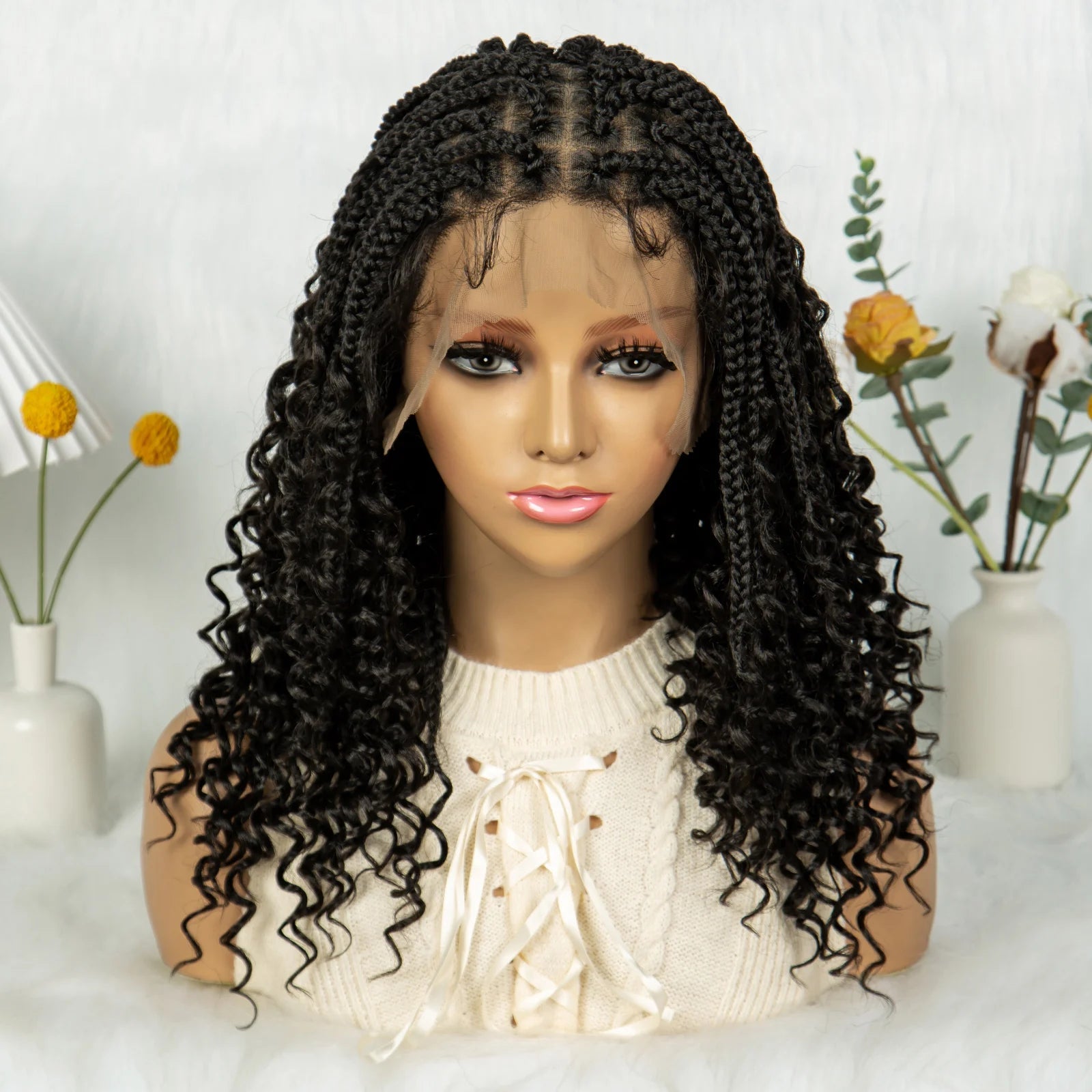 Short Bohemian Box Braids Wig | Full Lace | Curly Ends | Baby Hair | Synthetic Boho Wig Luxegan