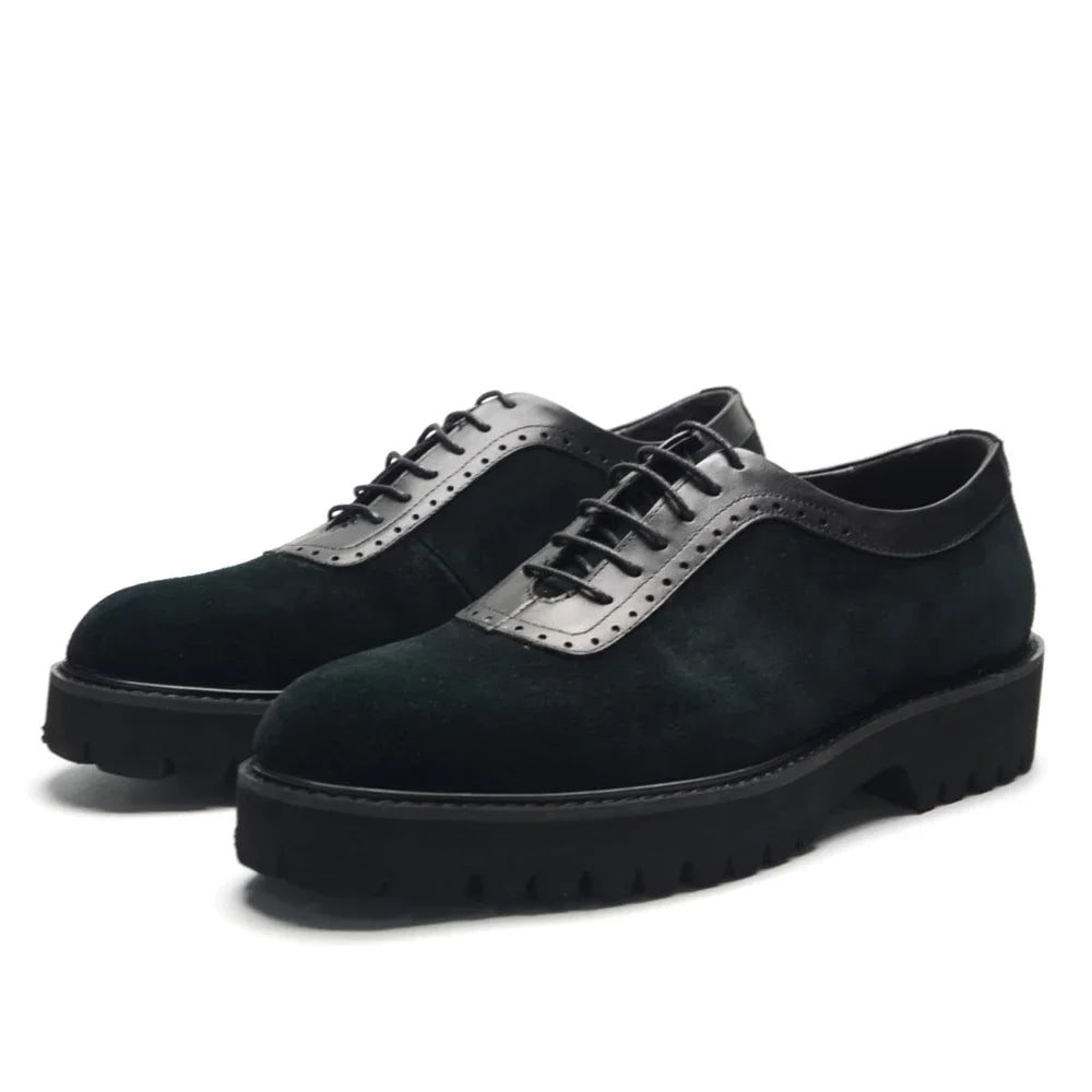 Designer Luxury Platform Oxfords for Men | Cow Suede Genuine Leather Black & Blue Casual Sneakers (Height Increasing) Luxegan