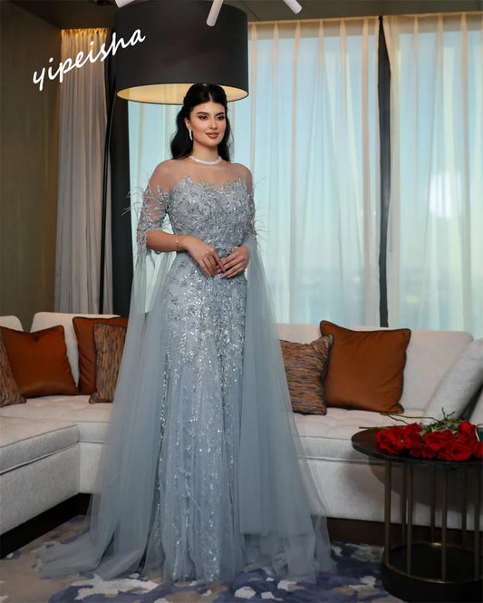 Vestido largo a medida de Jiayigong con cuentas de plumas, escote redondo, corte A, para regreso a casa, hecho a medida para ocasiones especiales, Arabia Saudita.