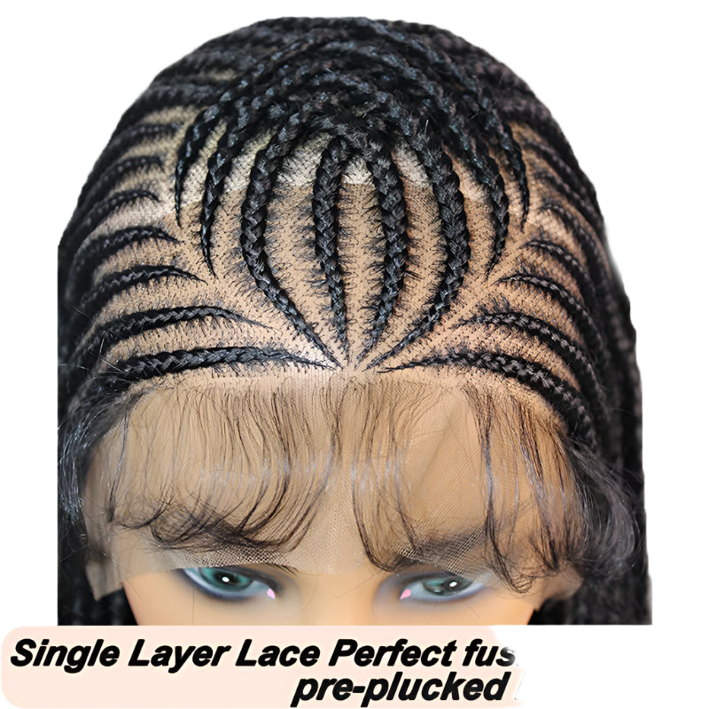 36" Full Lace Afro Cornrow Braided Wig | Knotless Box Braids & Baby Hair | Handmade Synthetic Wig for Black Women