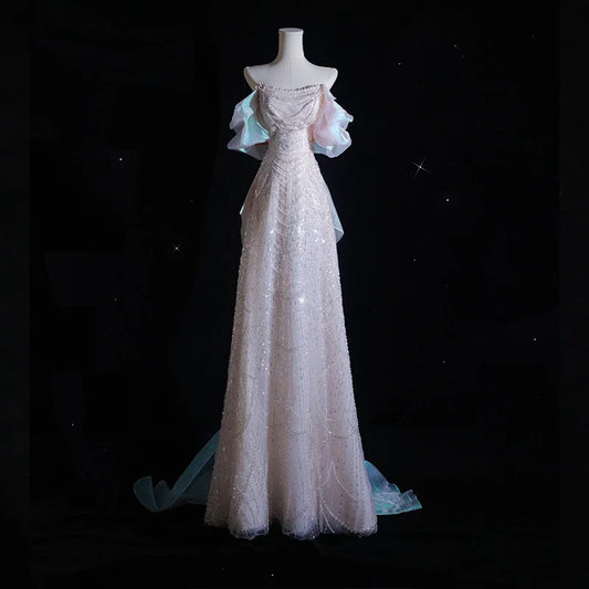 Vestidos de noche elegantes de lujo con cuentas 2025 Nuevo vestido de lentejuelas con hombros descubiertos, vestido de cola de pez, graduación, fiesta de graduación, vestido de boda, vestido de compromiso