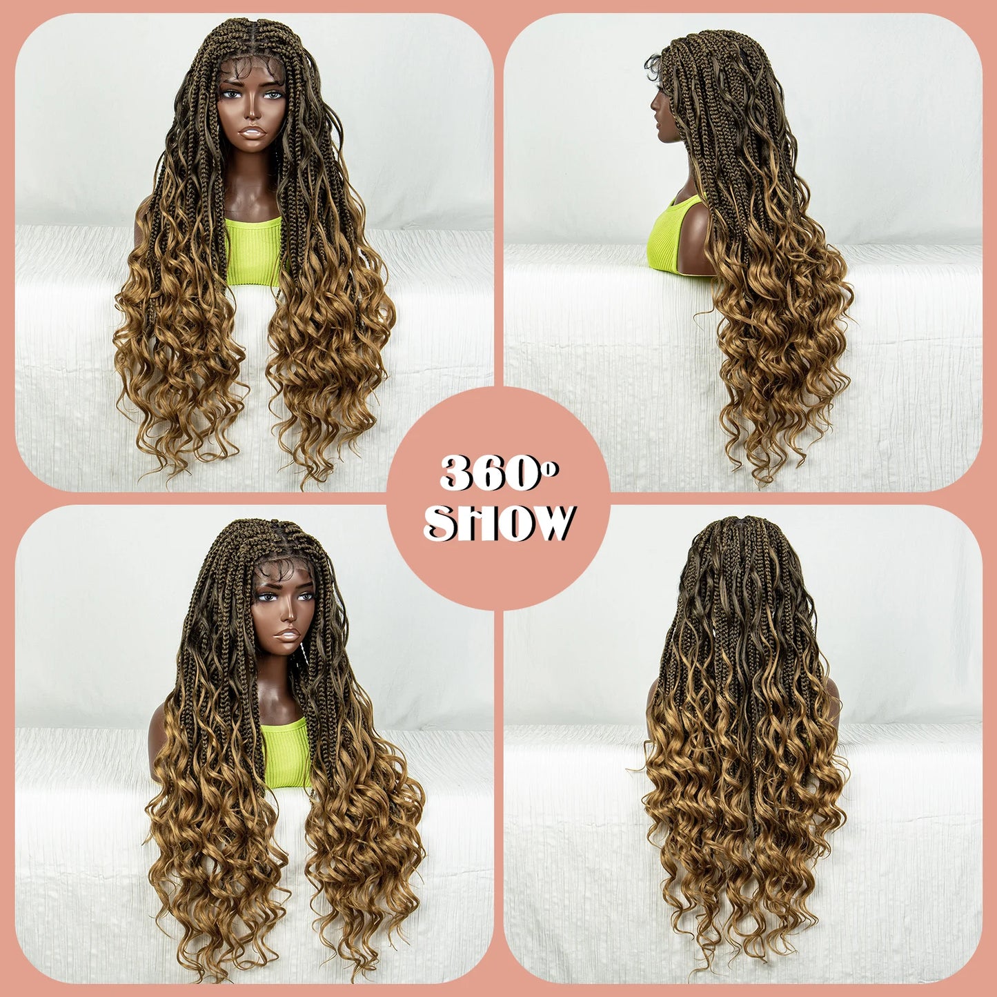 34" Ombre Curly Braids Wig | 1B/27 | Deep Wave | Full Lace | Baby Hair Luxegan