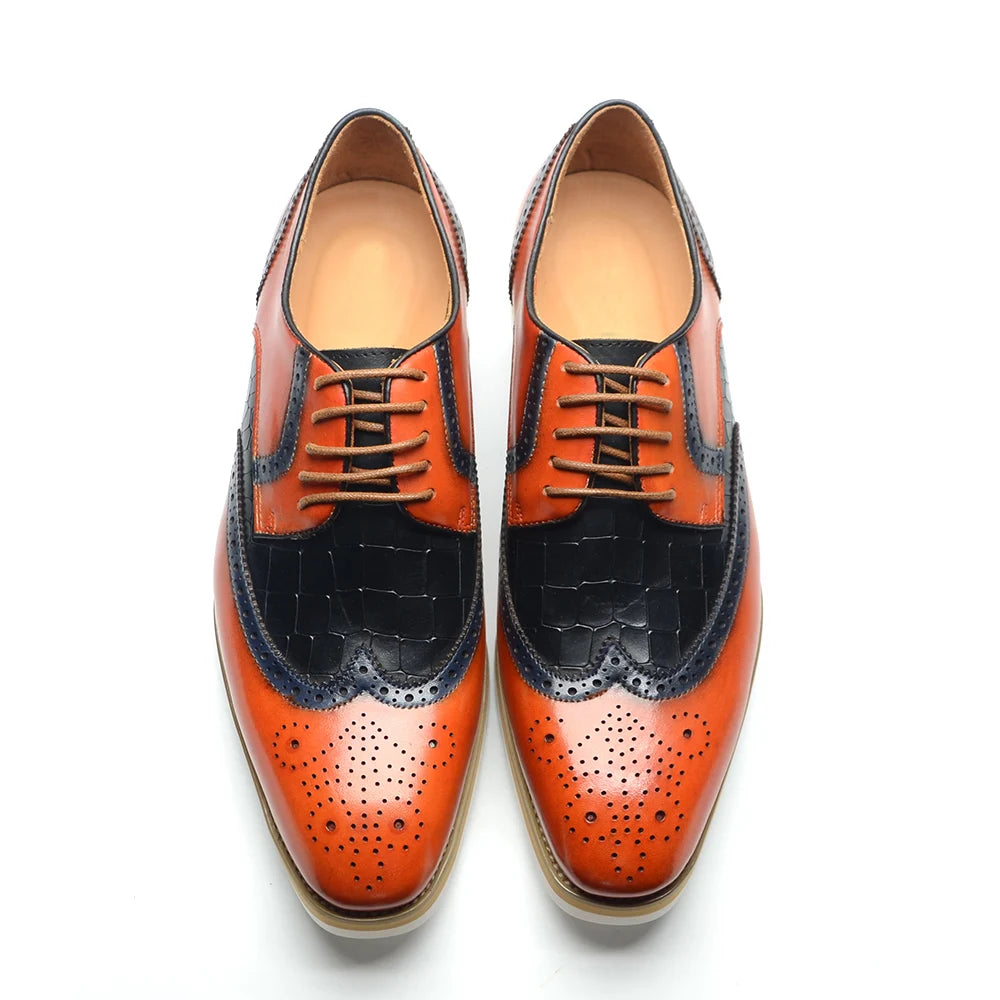 Italy Men's Wingtip Derby Shoes | Classic Modern Color Block Oxfords (Height Increasing, Genuine Leather) Luxegan
