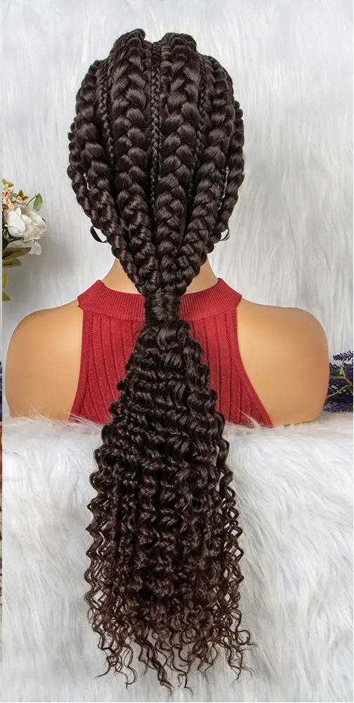 28" Burgundy Knotless Braids Wig with Curly Ends | Lace Front | Baby Hair Luxegan