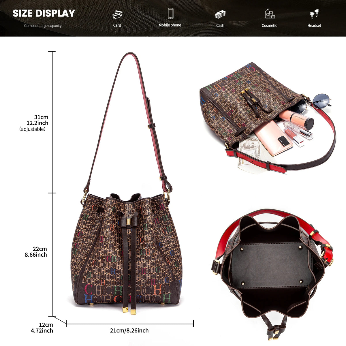 Luxury Classic Women’s Bucket Bag | Fashion PVC Printed Shoulder Bag | Designer Inspired Mini Bucket Purse | Trendy "Luxury Brand" Lettered Handbag (Model CO2C2211) Luxegan
