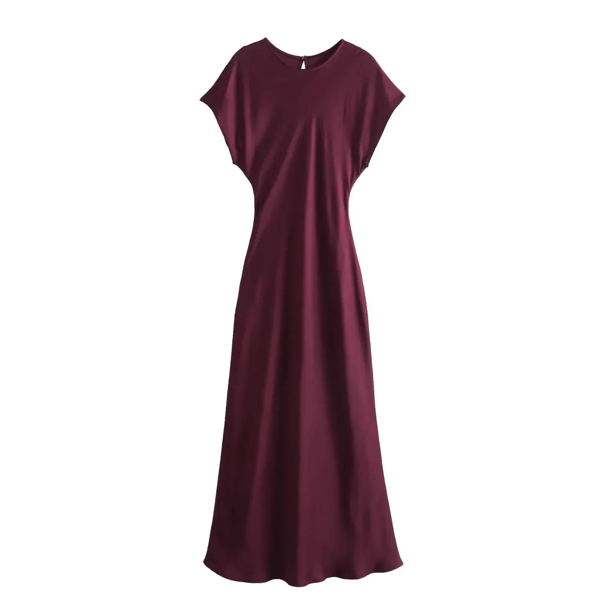 Women's Elegant Solid Satin Midi Dress | Chic Vintage O-Neck Short Sleeve Evening Gown | Luxury All-Season Slim Fit Party Dress | Premium A-Line Mid-Calf Vestido Model 9965 Luxegan