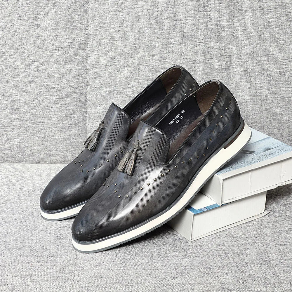 Top Grade Luxury Men's Genuine Leather Loafers | Original Stripe Rivets & Tassel Casual Flat Shoes Luxegan