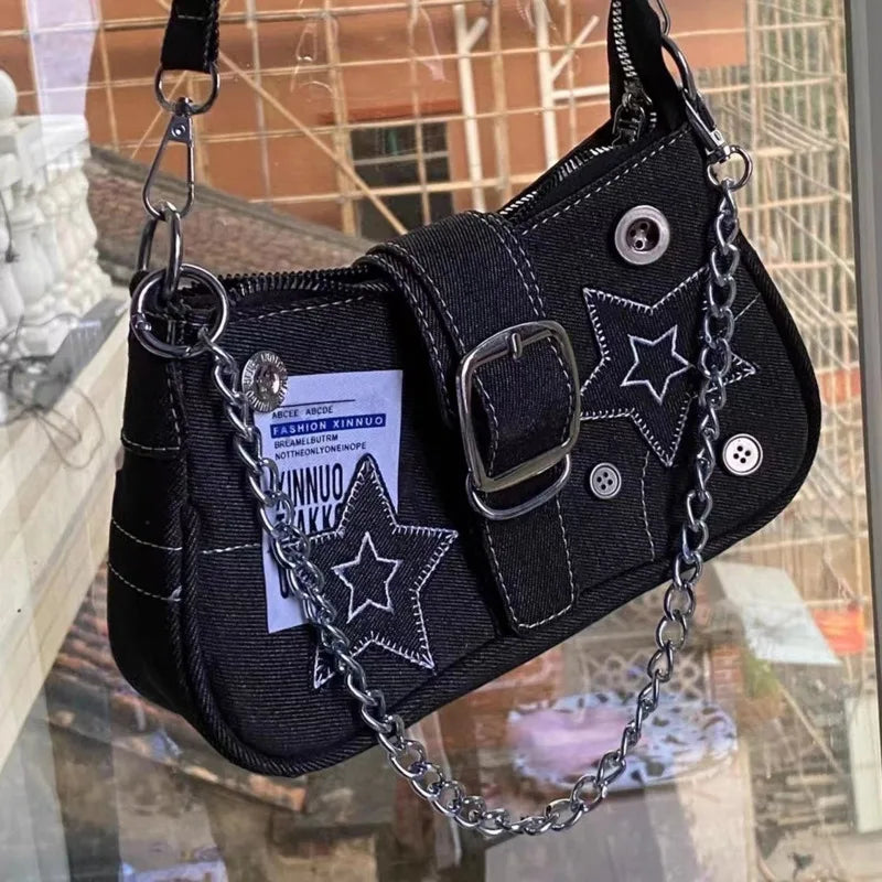Y2k Fashion Women's Handbags Stars Pattern Cool Girl Underarm Bag | Vintage Canvas Female Shoulder Bag Chain Crossbody Tote Purses Luxegan