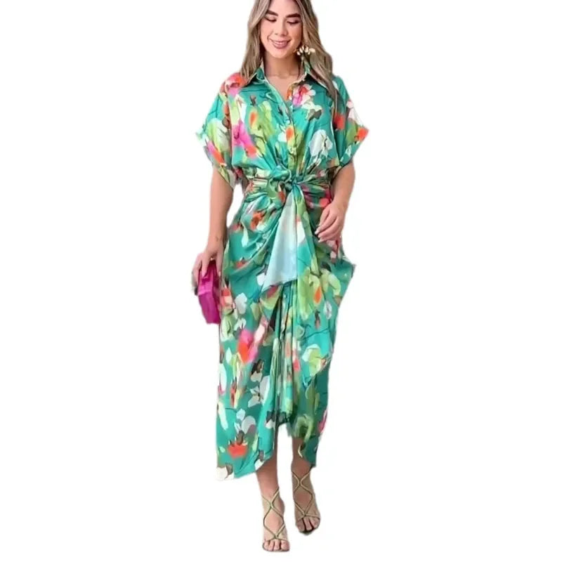 Printed Patchwork Shirt Dress – Turn-Down Collar, Belted, Short Sleeve, A-Line Luxegan