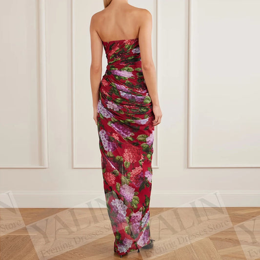 Floral Side-Split Straight Prom Dress | Strapless Sleeveless Ankle-Length Evening Gown - view 2