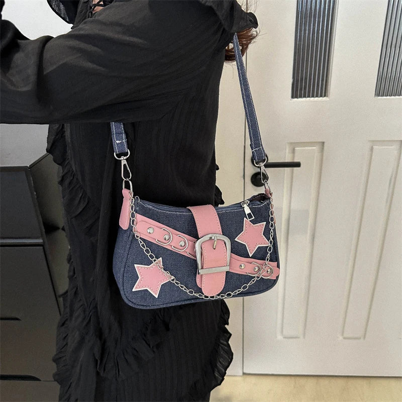 Fashion Women's Handbags Denim Stars Pattern | Cool Girls Underarm Bag Female Small Shoulder Hobo Bags Chain Tote Bag Luxegan