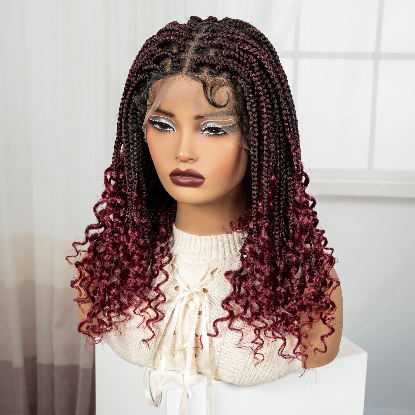 Burgundy Boho Knotless Braids Bob Wig with Curly Ends | Full Lace Luxegan