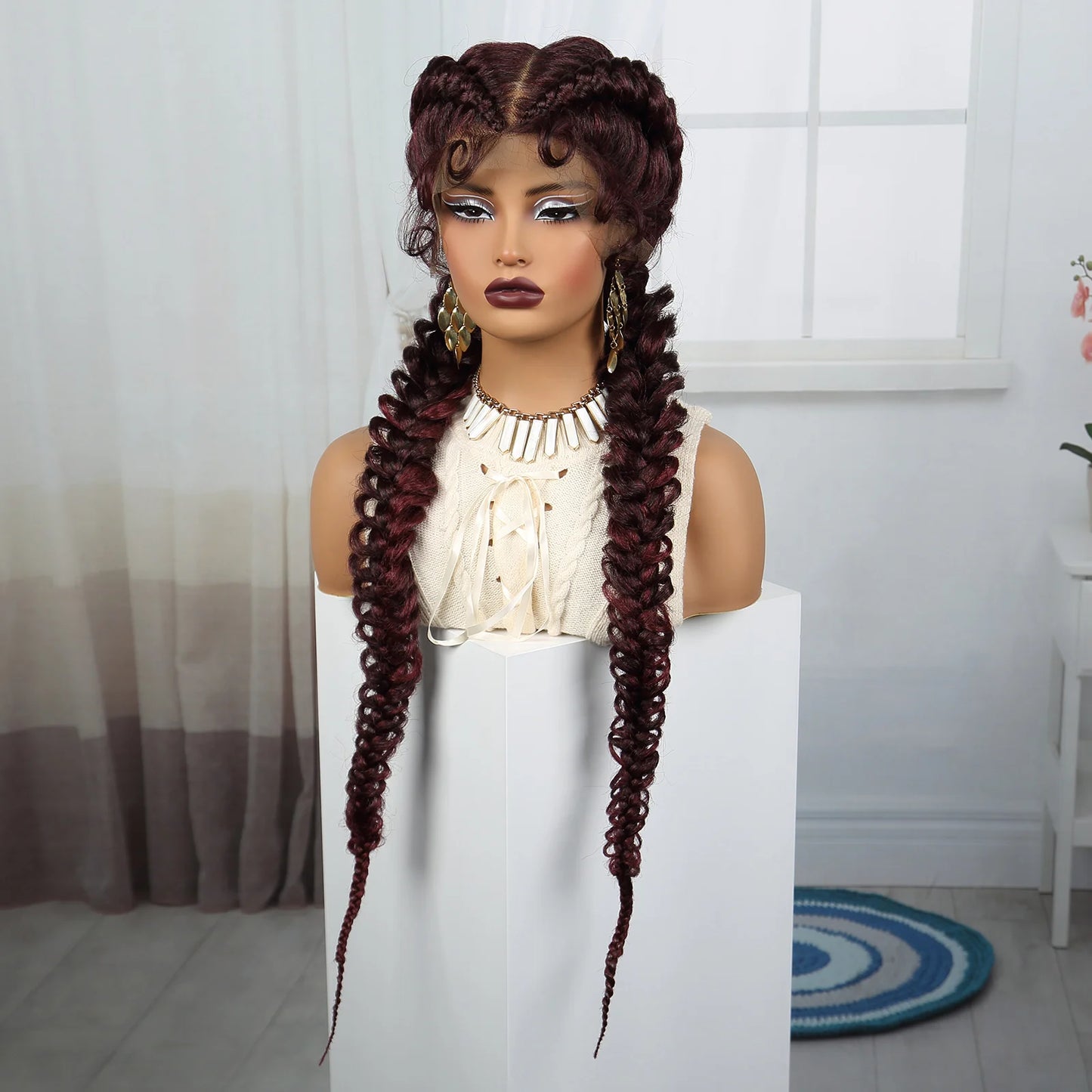 36" Burgundy Twist Cornrow Braids Wig | 99J | Lace Frontal | Baby Hair Luxegan