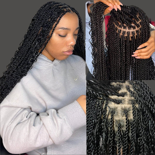 Bohemian Box Braided Wig | Full Lace Senegalese Twist & Goddess Locs Styles | Synthetic Braided Wig | Light Brown Lace