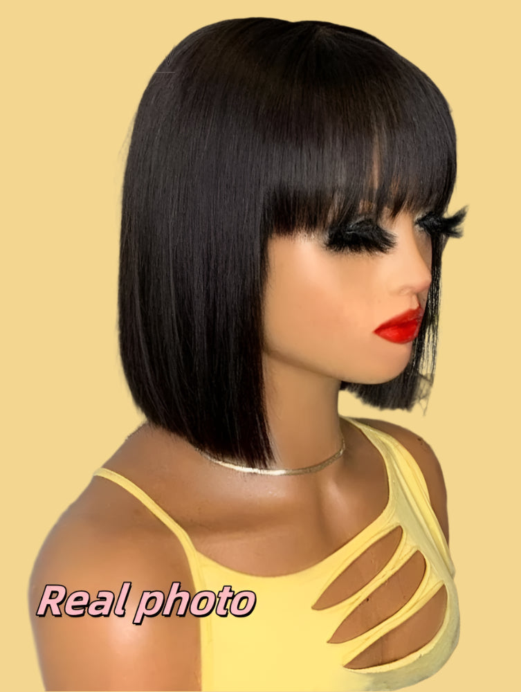 Peruvian Straight Bob Wig with Bangs | Full Machine Made Human Hair Wig | Natural Color