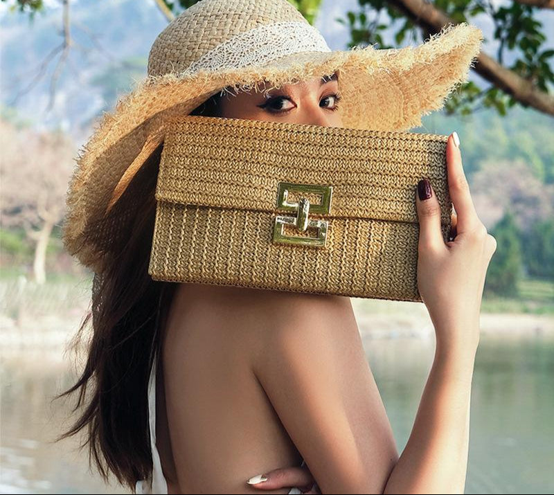 Straw Envelope Evening Party Handbag | Women's Woven Clutch & Chain Crossbody Purse Luxegan