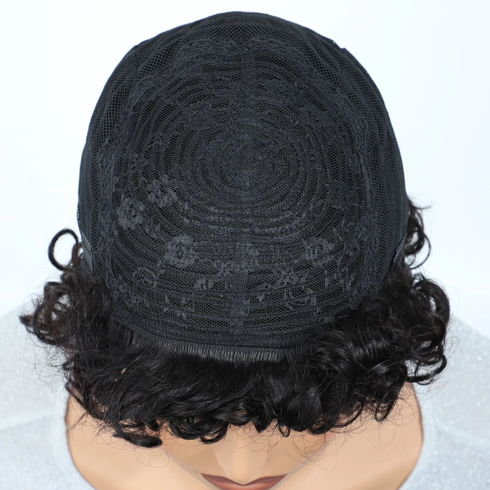 Sleek Malaysian Afro Kinky Curly Pixie Bob Wig | Glueless Natural Brown 99J with Bangs Luxegan