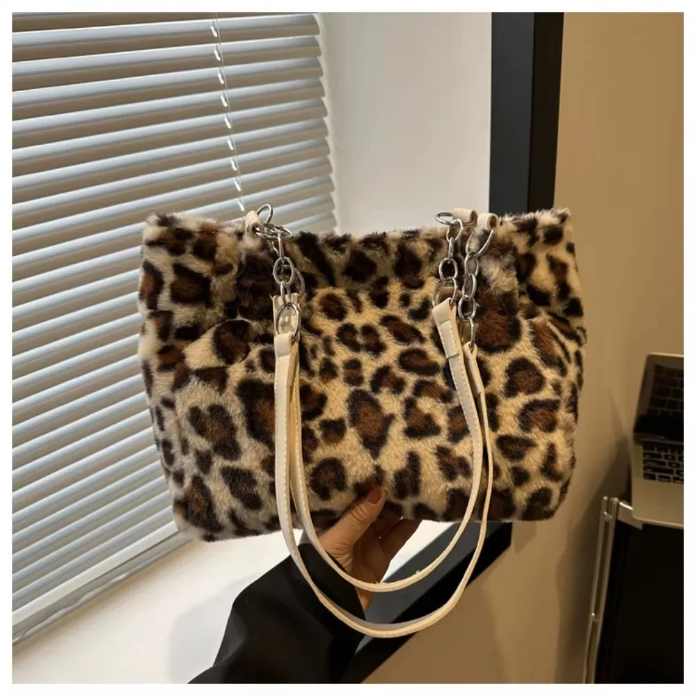 Winter Fashion Leopard Print Plush Women's Bags | Versatile Casual Trendy Premium Texture Large Capacity Shoulder Handbag Luxegan