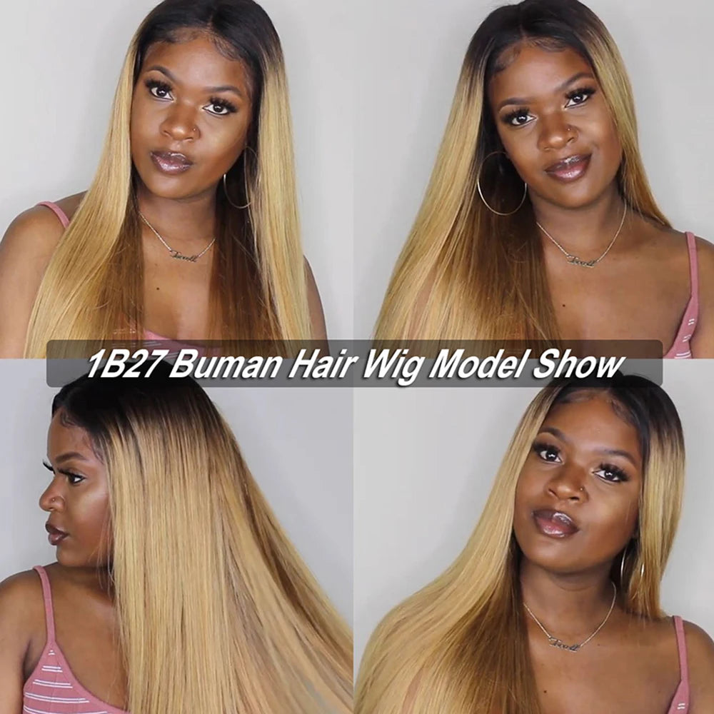 Ombre Honey Blonde & 1B/30 Straight 4x4 Lace Closure Wig | 150% Density Middle Part Remy Human Hair Luxegan