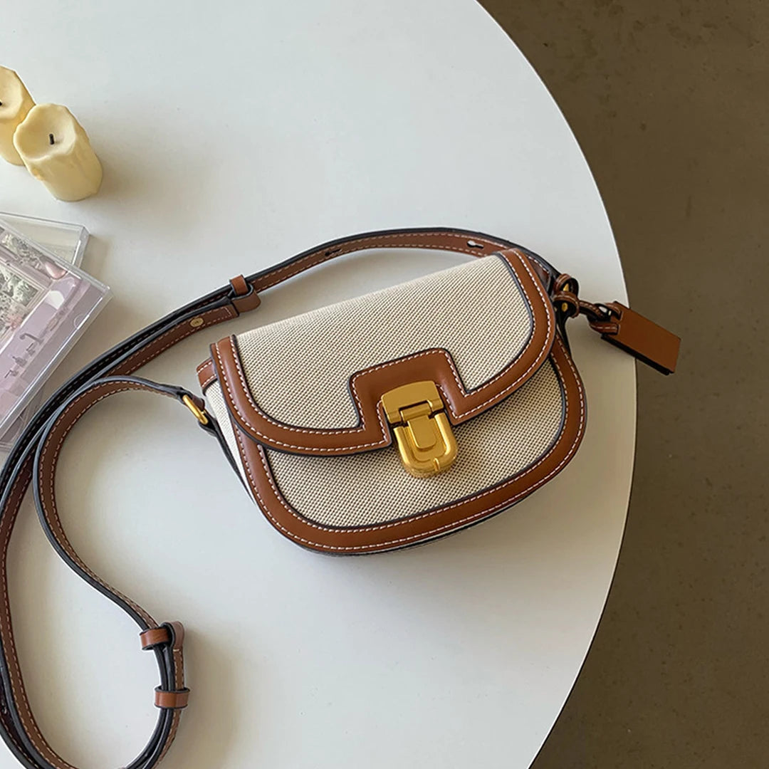 Retro Canvas Patchwork Crossbody Bag | Contrasting Color Saddle Bag