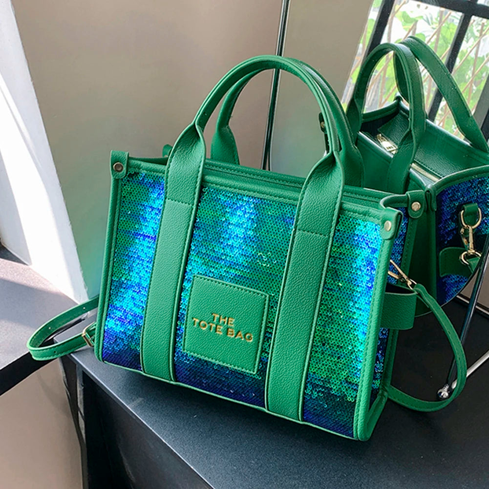 Women’s Shiny Sequin Shoulder Bag | Fashionable PU Leather Top-Handle Tote | Casual Portable Shopper with Adjustable Straps Luxegan