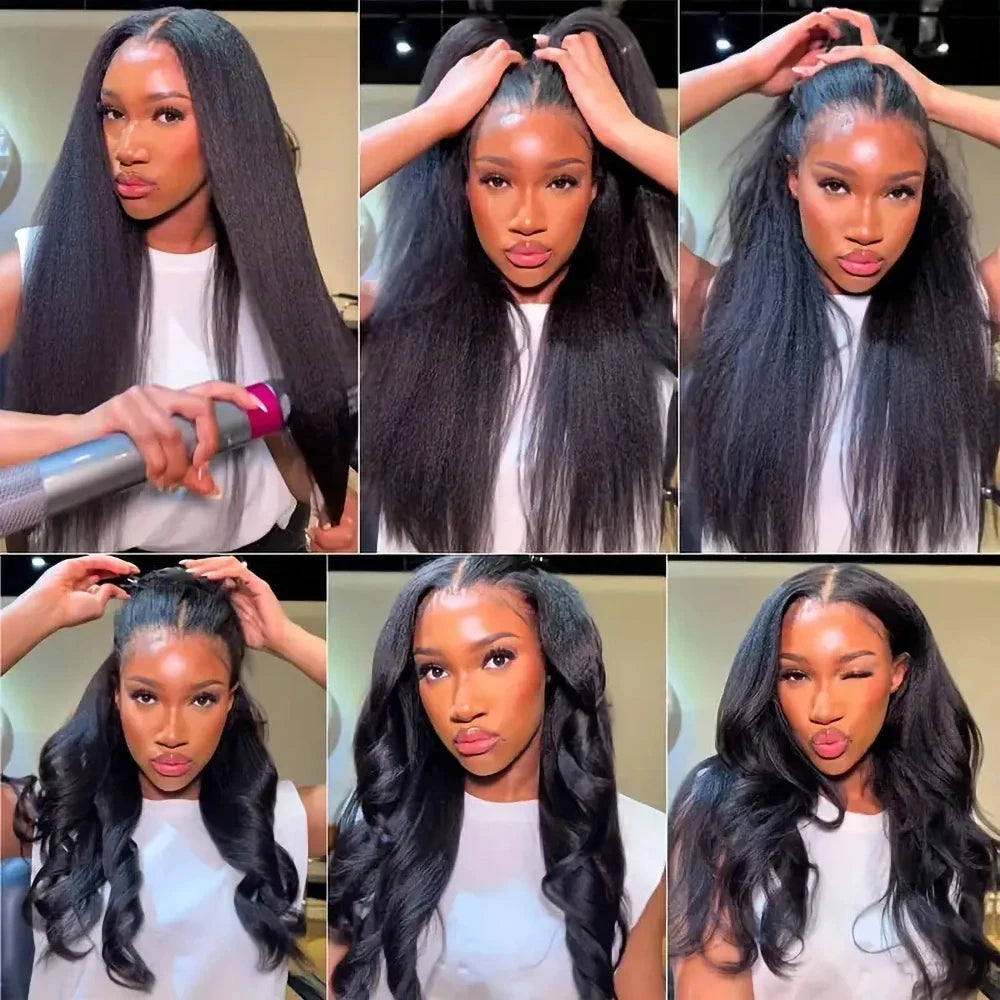 Kinky Straight 360 HD Lace Frontal Wig | Yaki Straight Ponytail Human Hair Wig for Black Women (Transparent Lace, Clearance Sale) Luxegan
