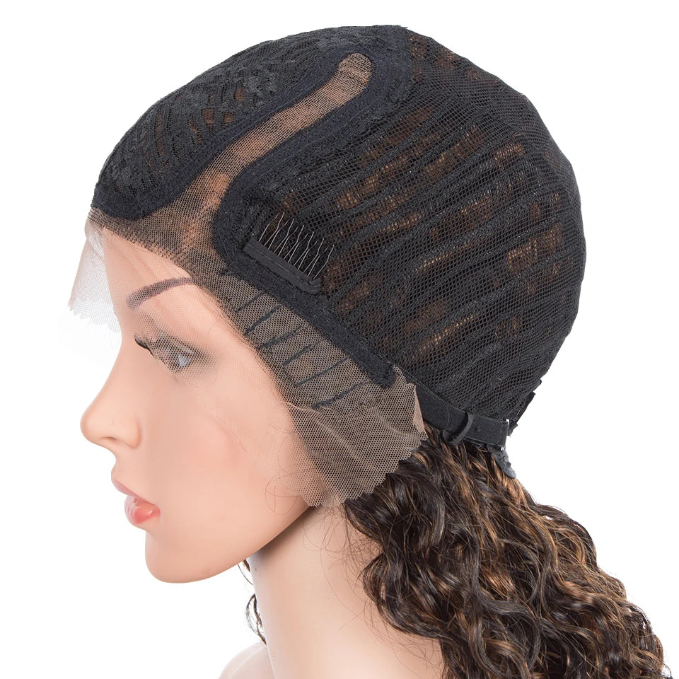 Sleek Curly Human Hair Wig | Brown Highlights | 13x1 T Part Lace Wig | Brazilian Remy Hair | Water Wave