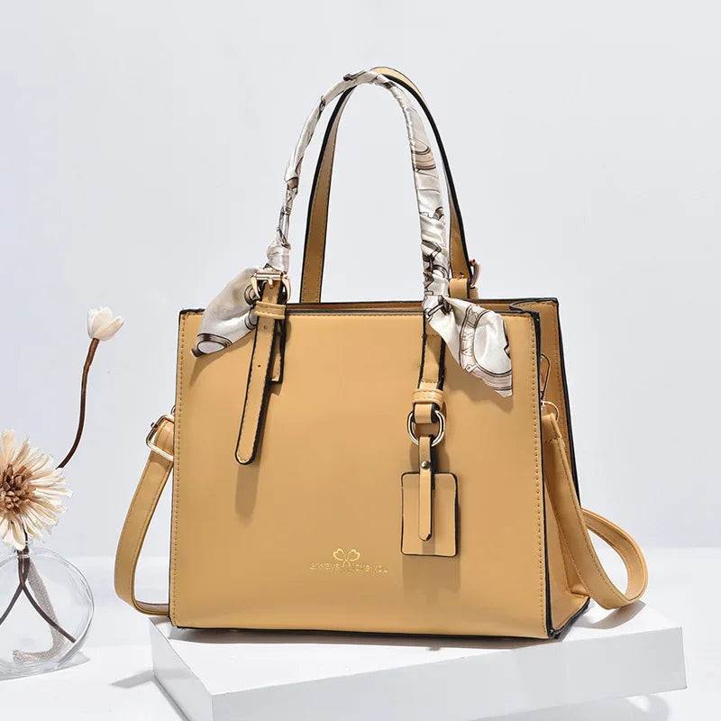 New Elegant Ladies’ Shoulder Messenger Bag | Sophisticated Simple PU Leather Square Bag | Fashion-Forward Large Capacity Handbag with Silk Scarf Decoration | Professional High-Street Casual Tote Luxegan