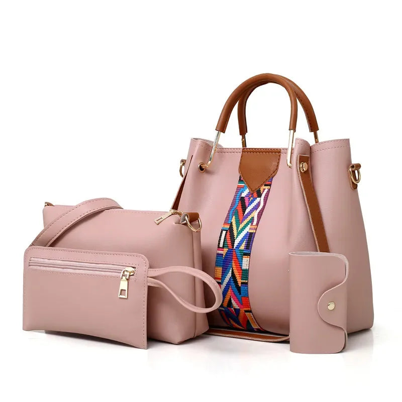 4 Pcs Luxury Handbag Set | Large Capacity Tote Bag, Fashion Shoulder Bag, Wallet & Card Case for Women (Patchwork) Luxegan