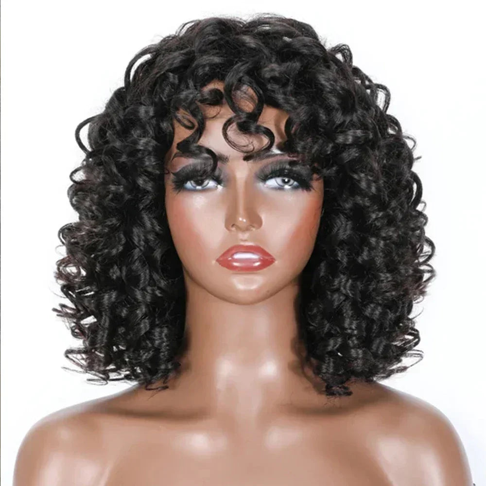 Short Bouncy Curly Bob Wig with Bangs | Glueless Human Hair Wig | Brazilian Remy Hair