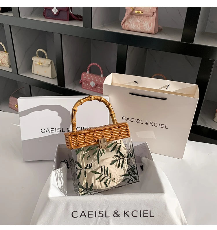 Transparent Acrylic Patterned Square Box Bag | Handmade Bamboo Woven Handheld Bag | Luxury Fashion Holiday Beach Handbag & Vacation Clutch Luxegan