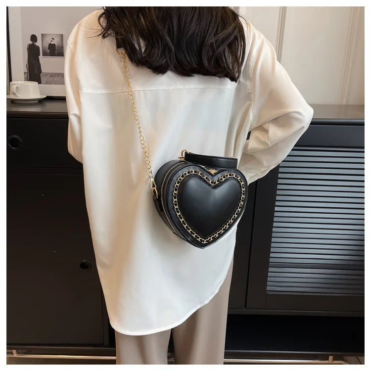 Women’s Red Love Heart-Shaped Shoulder Bag | Fashion Heart Crossbody Bag with Embroidery | Elegant Ladies' Chain Purse & Heart Clutch | Romantic PU Leather Flap Bag Luxegan