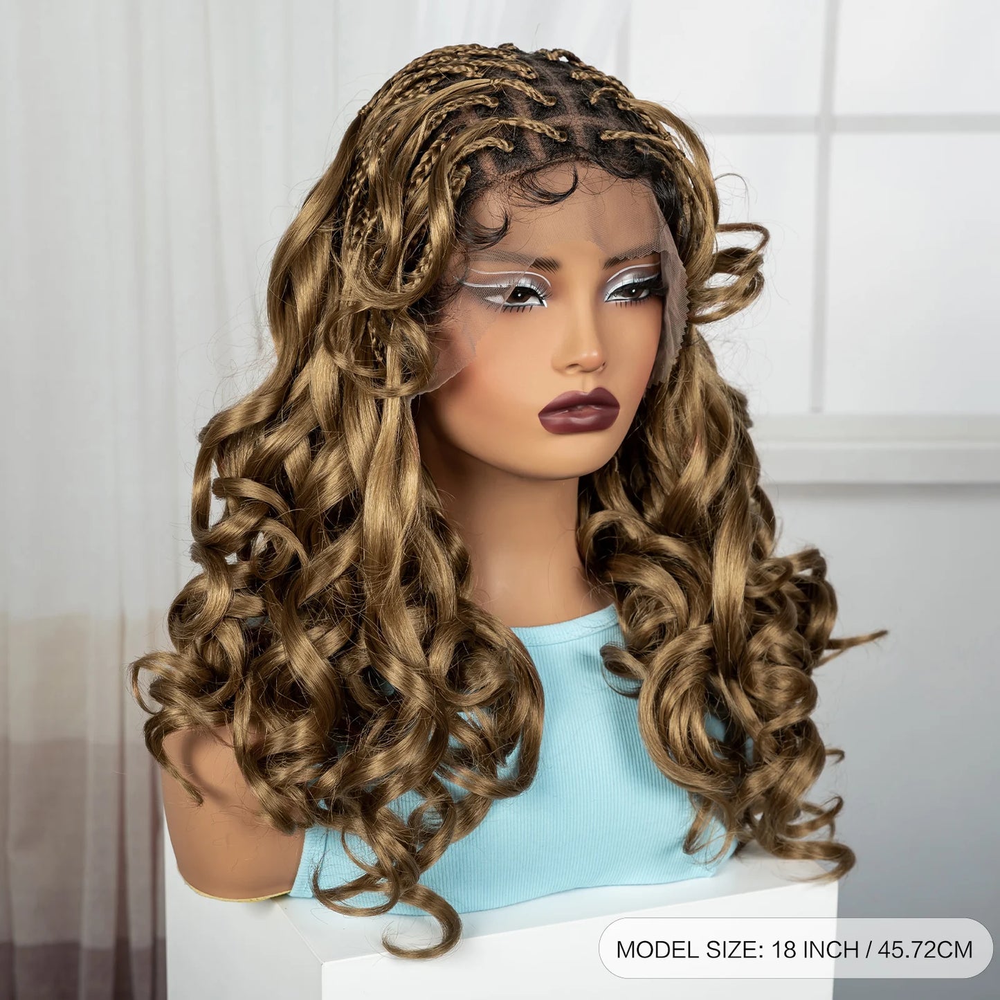 18" #27 Ombre Bouncy Wavy Braided Wig with Bangs | Knotless Box Braids | Full Lace Synthetic Wig with Baby Hair Luxegan