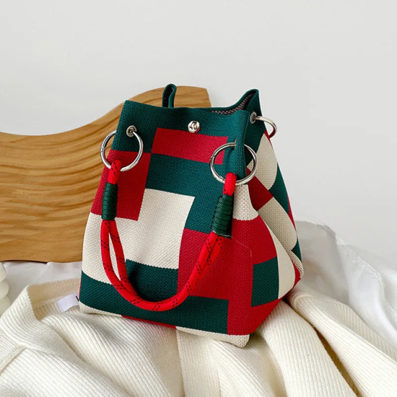 Red and Green Colour-Blocking Knitted Tote Bag | Small Square Double Handle Bag Luxegan