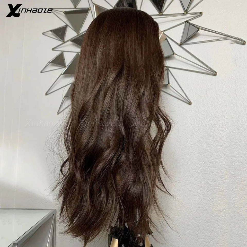 Dark Chocolate Brown Natural Wave Wig | Sophisticated 13x6 HD Lace Frontal | Elegant Peruvian Human Hair Silk Top Wig | "Dignified" 26+ Inch Glueless Remy Hair for Radiant Versatile Styling
