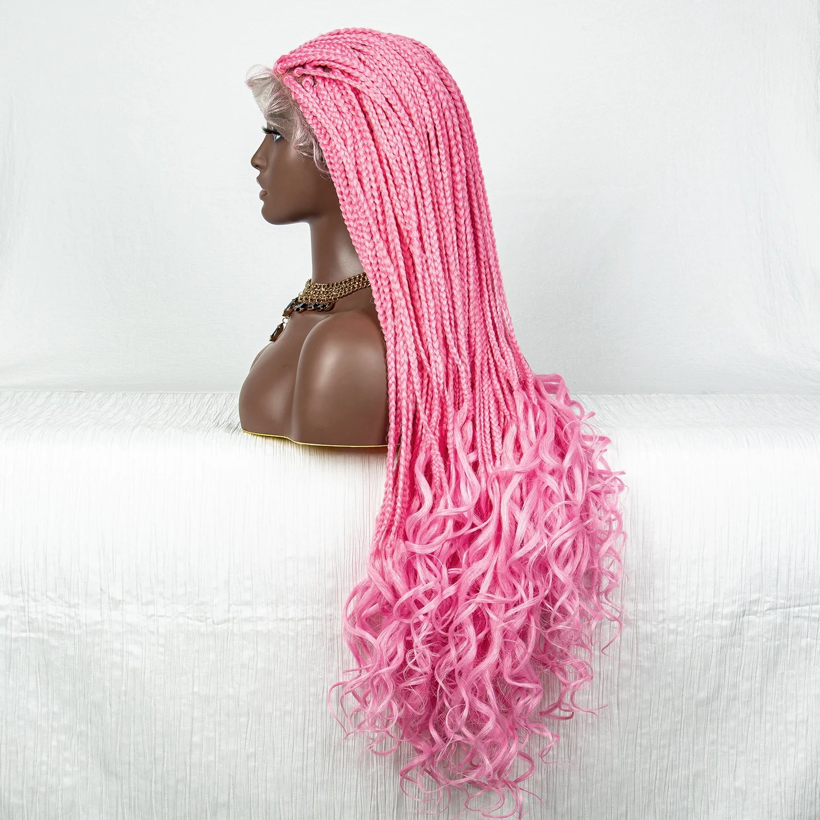 36" Pink & 613 Blonde Braided Wig | Water Wave Ends | Lace Front | Baby Hair Luxegan